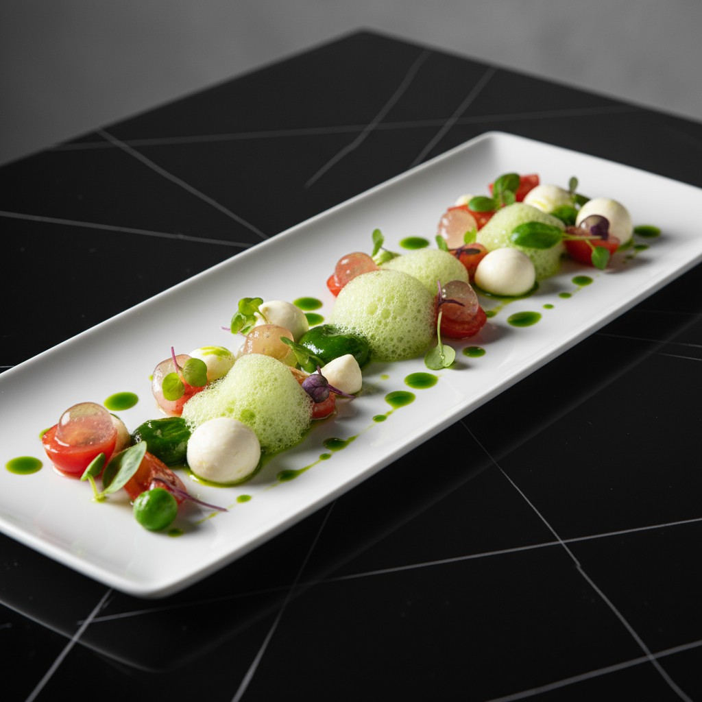 In this photograph, a white rectangular platter with raised edges takes center stage, showcasing a meticulously arranged ‘...